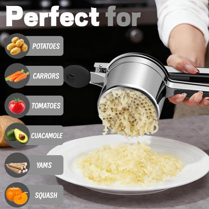 Minteem Large 15oz Potato Ricer for Mashed Potatoes, Heavy Duty 18/8 Stainless Steel Potato Masher for Baby Food & Spaetzle Maker, Masher and Ricer Kitchen Tool, Press and Mash Kitchen Gadget, Black