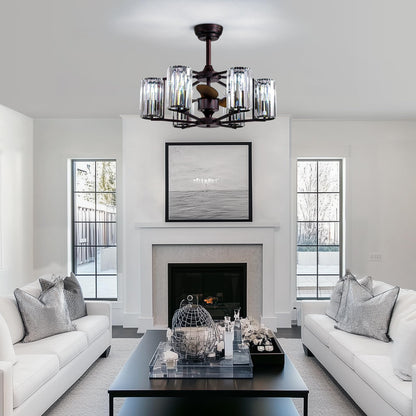 MOOONICHE 27" Crystal Chandelier Ceiling Fan 6-Light Vintage Flush Mounted Fandelier Reddish Brown Ceiling Fans with Lights and Remote for Bedroom Dining Living Room Kitchen Farmhouse Entry