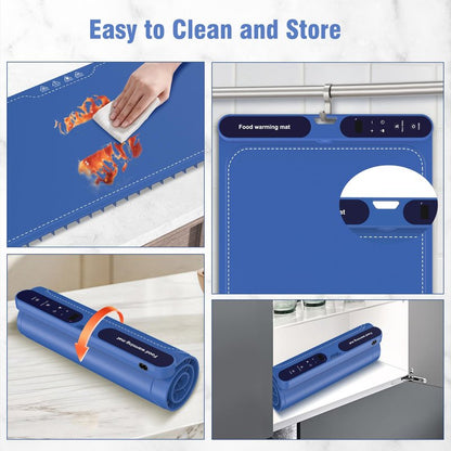 Extra Large Food Warming Pad,One-Touch Fast Electric Heating Tray,15x31.6"Rapid Heating Plate with Hanging and Foldable Storage,Portable Food Warmer for Parties, Buffets,Home Use and Travel (Blue)