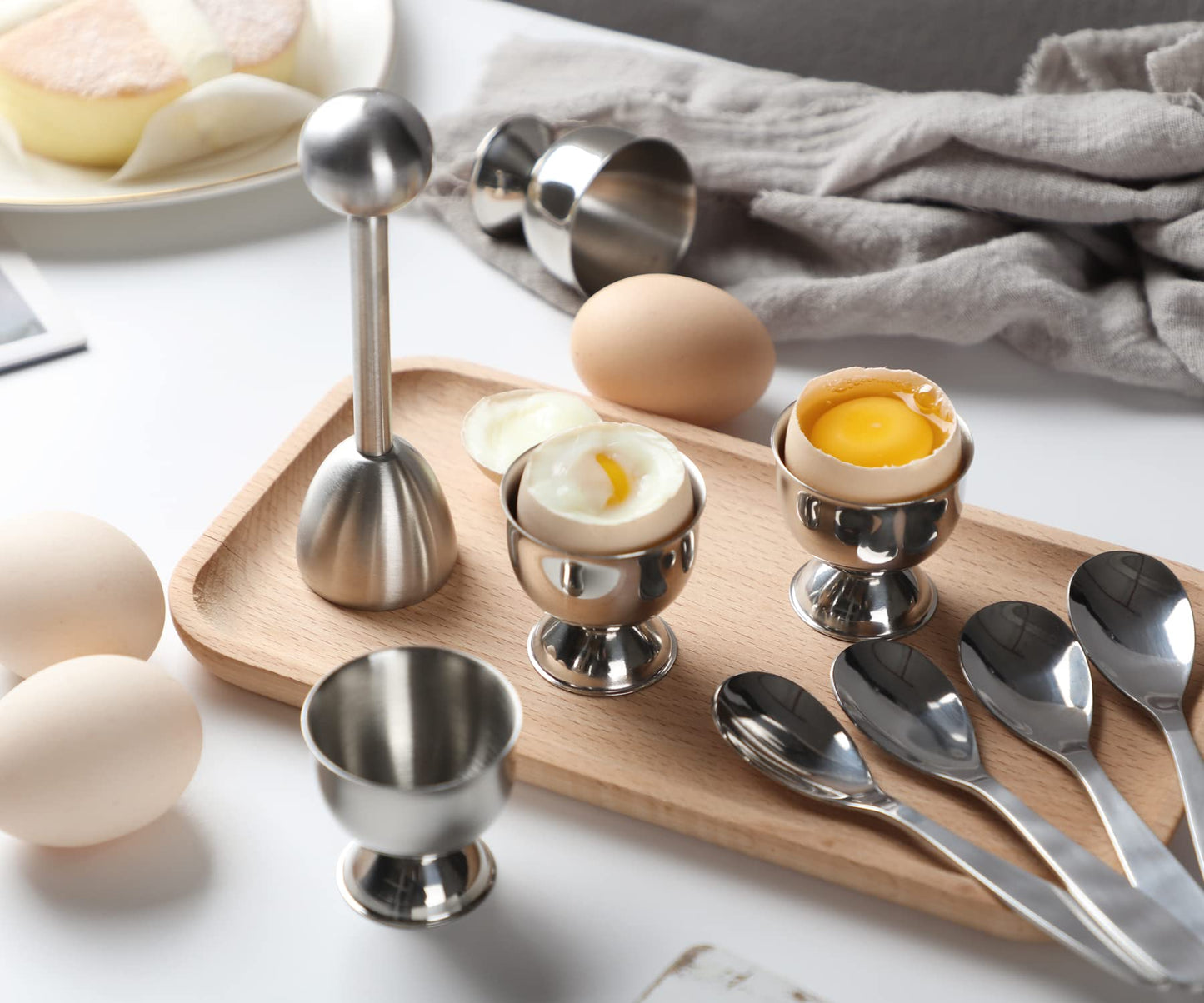 Egg Cups for Soft Boiled Eggs Holder - Egg Cracker Topper Tool Set Includes 4 Egg Cups, 4 Egg Spoons, 1 Egg Cracker Topper Perfect Egg Cutter Tool for Breakfast