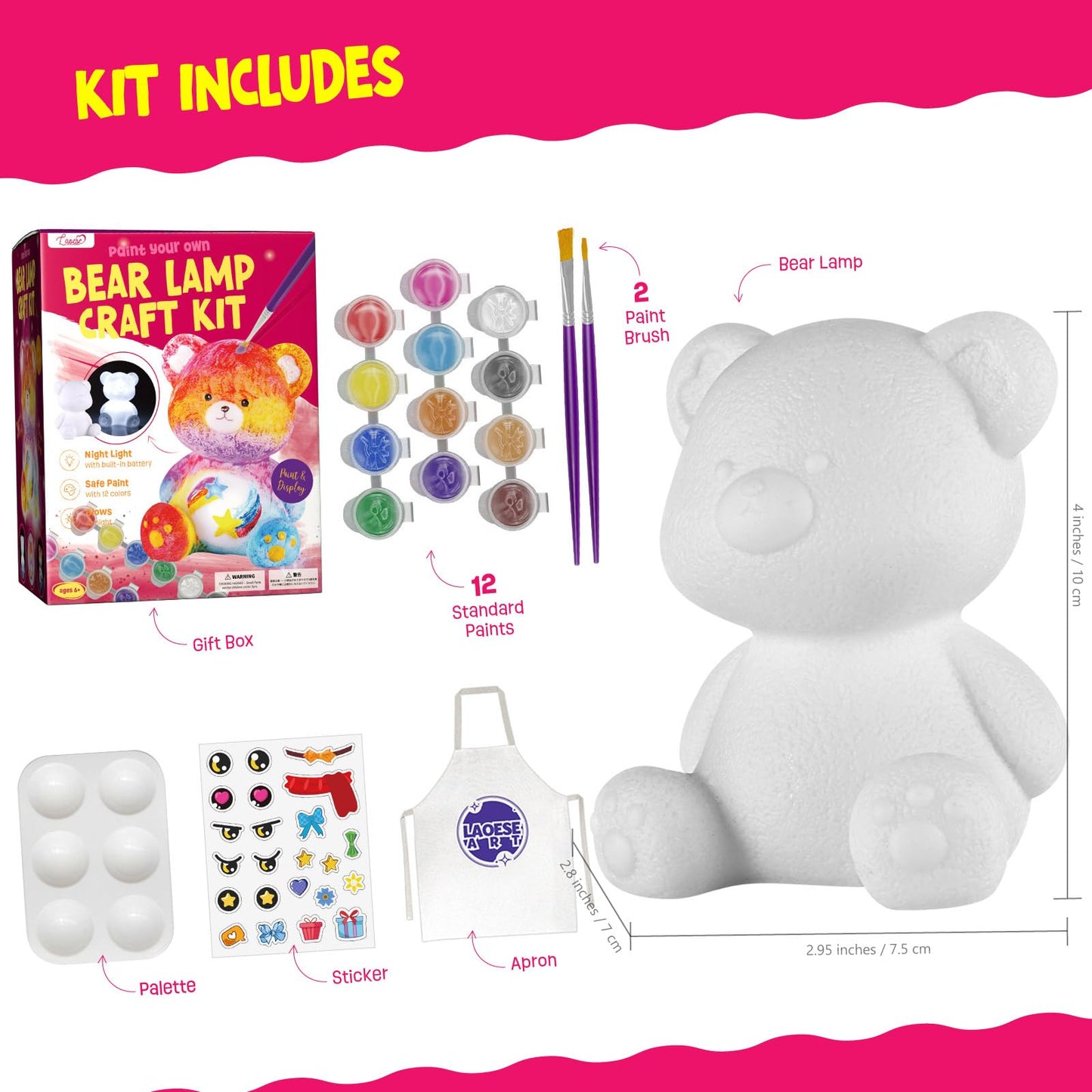 LAOESE Paint Your Own Bear Lamp Kit, Art Supplies Bear Painting Kit for Kids 6-12, Arts and Crafts for Kids Ages 8-12, Bear Toy Girls Boys Birthday Gifts for Kids Ages 3 4 5 6 7 8 9 10 11 12+