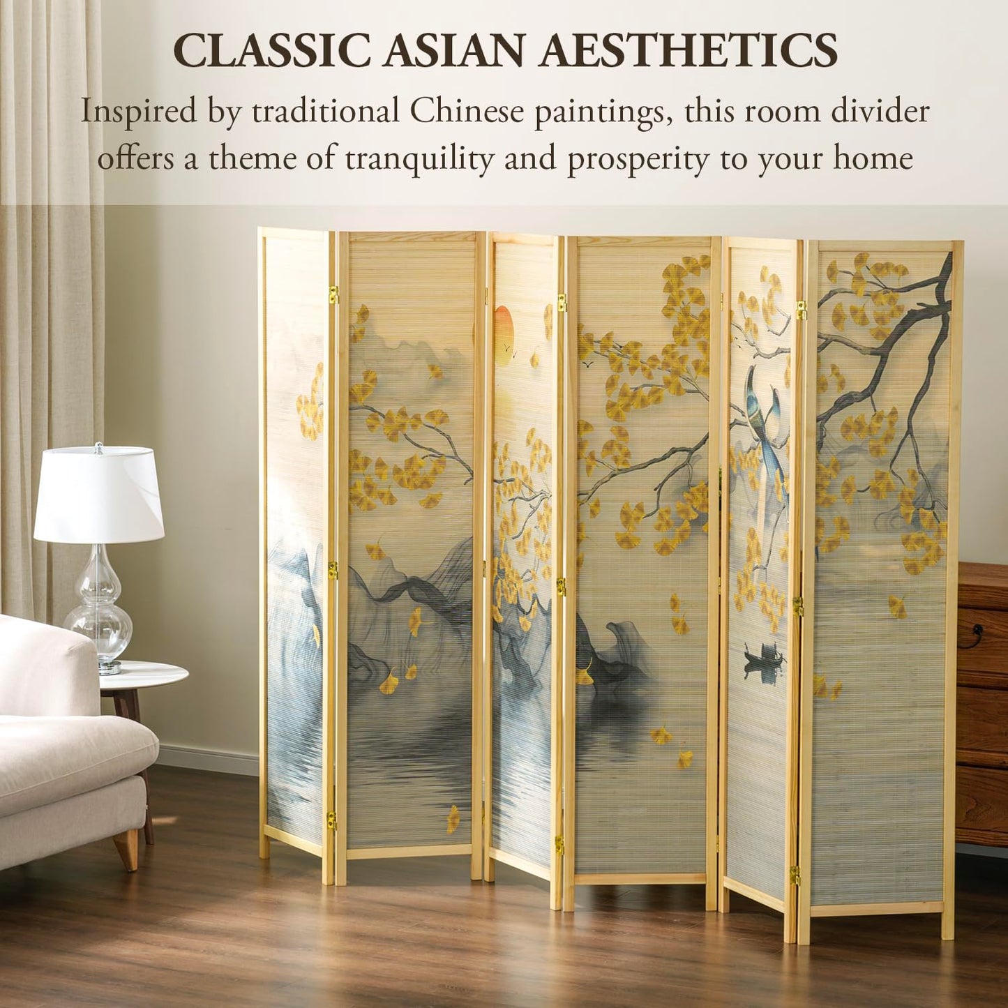 MyGift 6 Panel Large Bamboo Room Divider with Dual Sided Asian Birds Gingko Biloba Tree Sunset Design Print, 6FT Freestanding Artwork Privacy Partition Folding Screen with Beige Solid Wood Frame