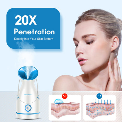 Amconsure Facial Steamer - Nano Ionic Face Steamer Warm Mist Steamer for Home Sauna SPA, Humidifier for Face Steamer for Deep Cleaning Unclogs Pores Sinuses - Bonus 5 Piece Stainless Steel Skin Kit