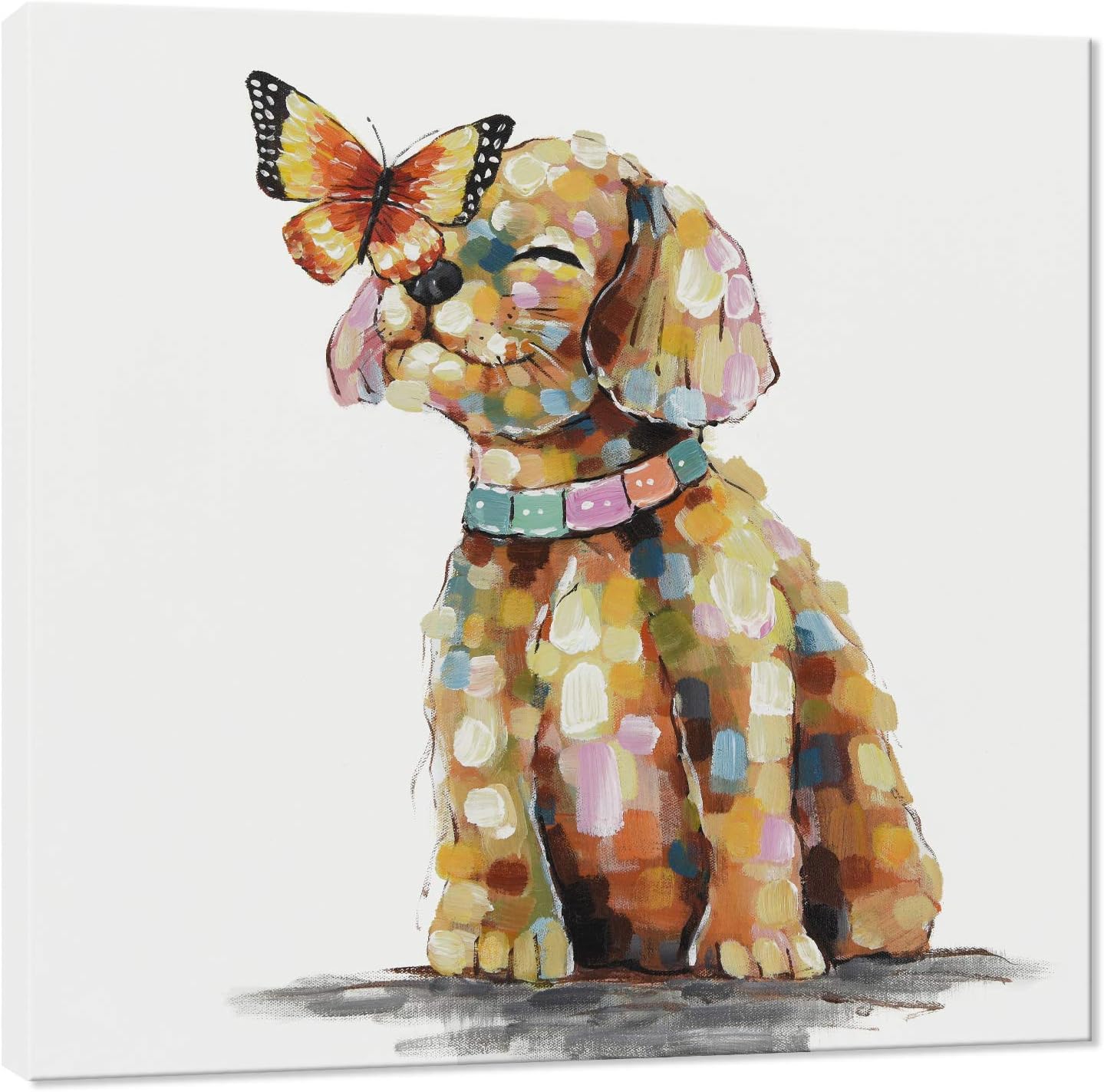 24"x24" SEVEN WALL ARTS Dog Canvas Wall Art Colorful Animal Picture Pet Puppy Butterfly Alighted on Dog Paintings