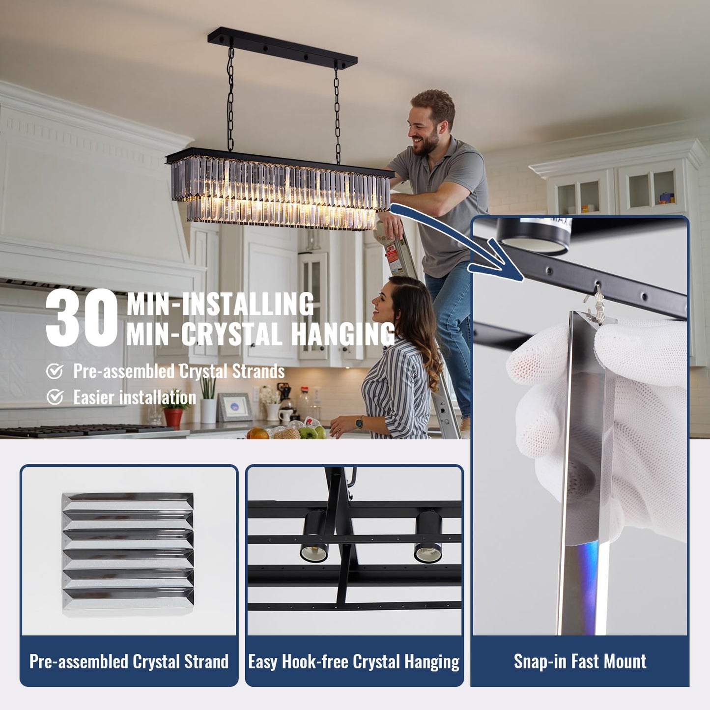 Tinkoso 39-inch Rectangle Crystal Chandeliers for Dining Room,Hanging Ceiling Light for Kitchen Island,Smoky Gray K9 Crystal Pendant Lighting,59-inch Adjustable Wire,Matte Black Finish