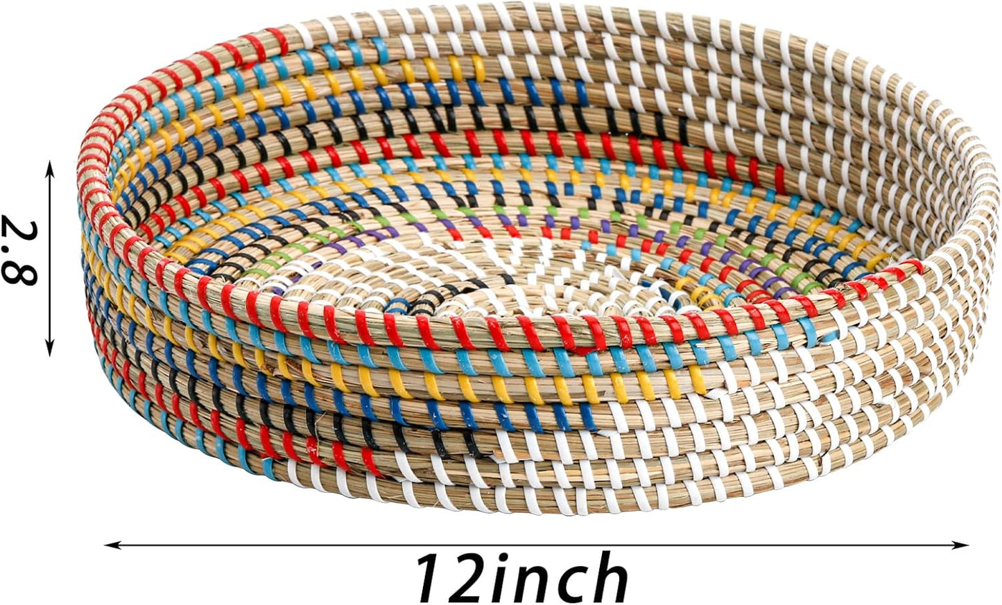 12'' SOUJOY Woven Seagrass Serving Tray, Rattan Serving Tray, Handmade Round Ottoman Fruit Tray, Colorful Coffee Table