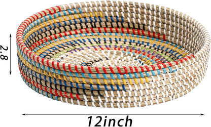 12'' SOUJOY Woven Seagrass Serving Tray, Rattan Serving Tray, Handmade Round Ottoman Fruit Tray, Colorful Coffee Table
