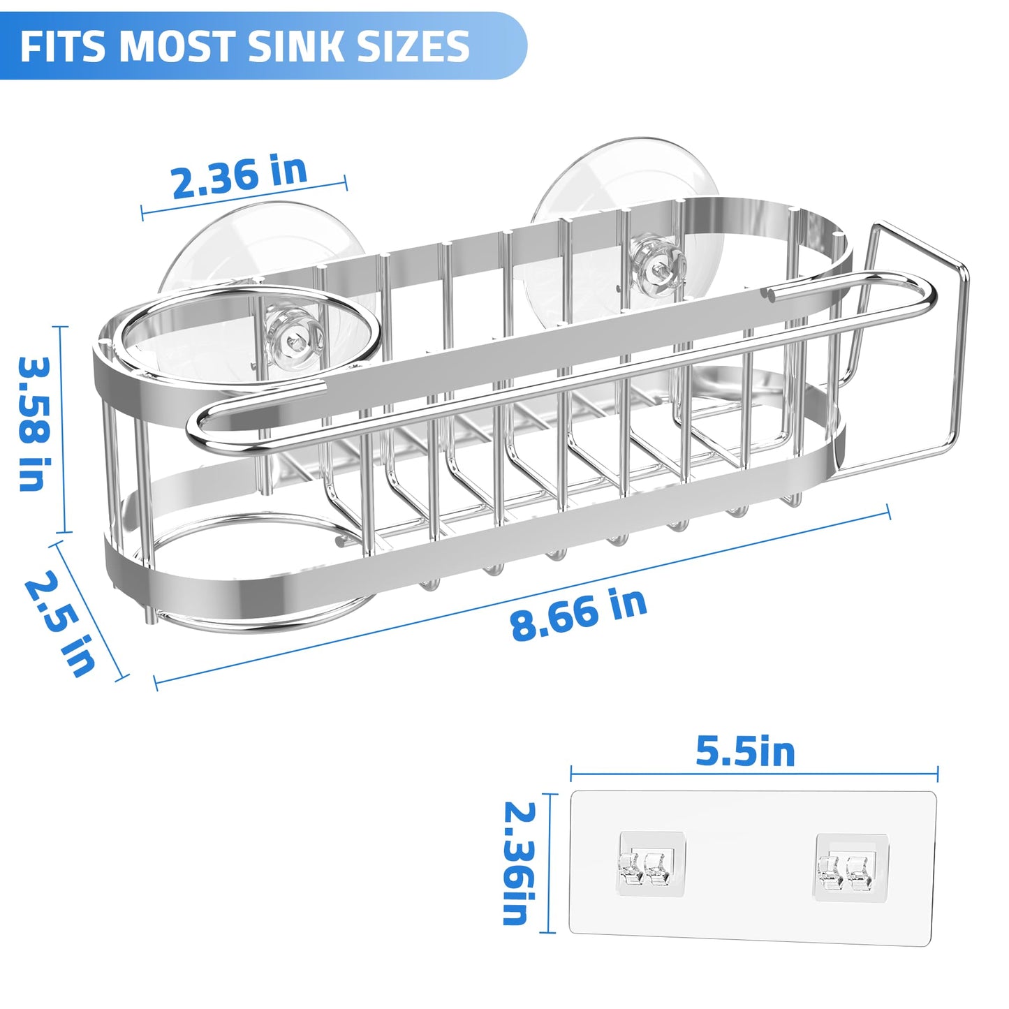 Cisily Kitchen Sink Caddy Sponge Holder in The Sink, Stainless Steel Kitchen Sink Organizer, Brush Holder, Dish Cloth Hanger, Sink Stopper Holder with 2 Installation Ways (Suction & Adhesives, Silver