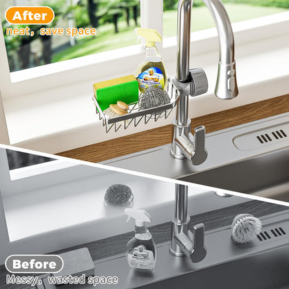 LONIN Sponge Holder Over Faucet Kitchen Sink Caddy Organizer, Stainless Steel Detachable Hanging Faucet Drain Rack for Bathroom, Scrubbers, Soap, (Black)