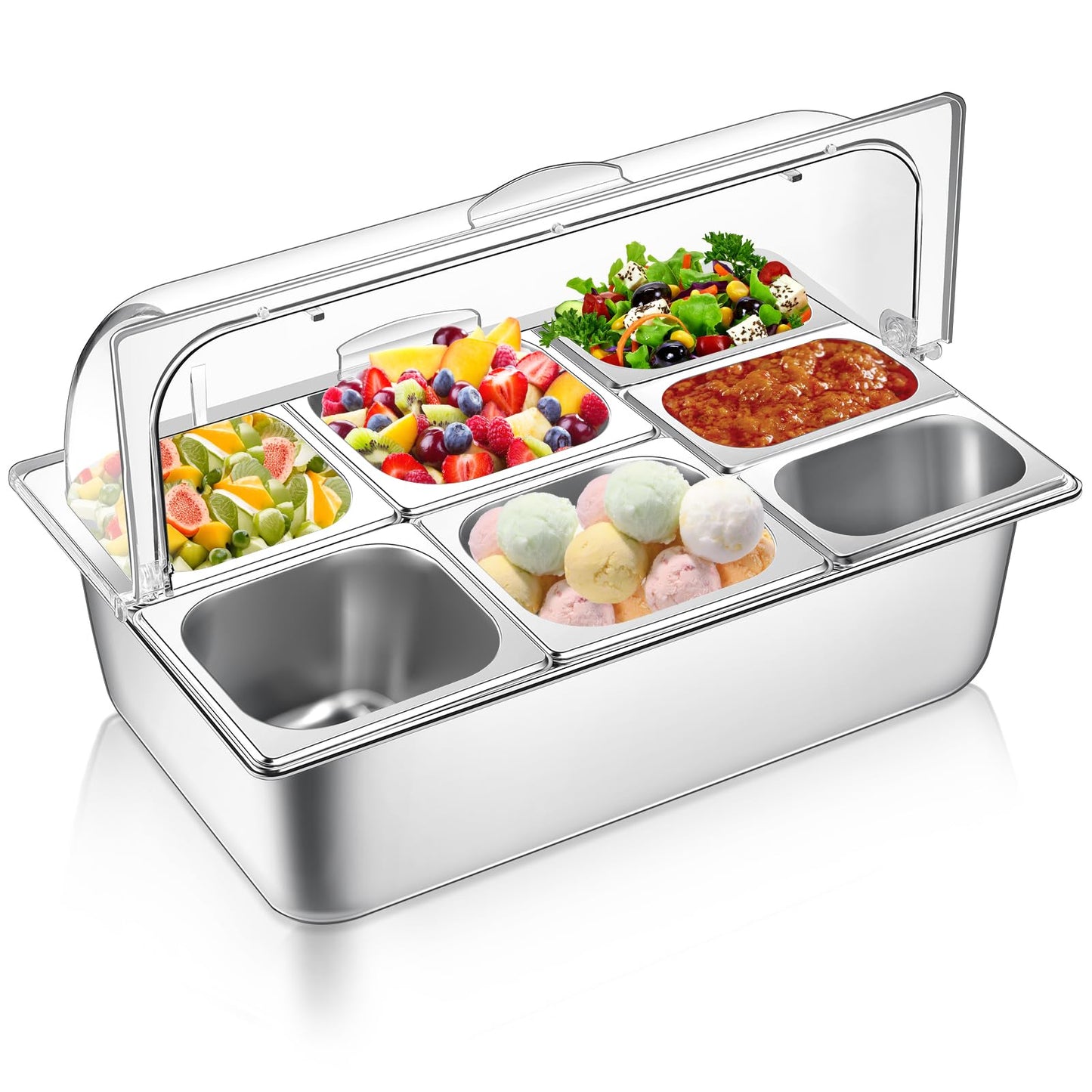 Ziliny Countertop Food Serving Display Container and Clear Roll Top Cover Stainless Steel Food Serving Tray Buffet Condiment Dispenser Display Rack for Restaurant Hotel Kitchen Party (7 Pan)