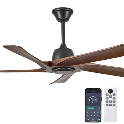 LVYEAYOU 52 Inch Solid Wood Ceiling Fan No Lights, Remote and APP Control, DC Motor, 6-speed Reversible, for Bedroom, Living Room, Office, Dark Walnut