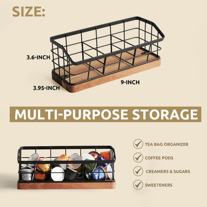 WILDMOS Tea Bag Organizer,Iron Wire Basket with Wooden Base.Tea Storage Containers with 3 Slots,Sugar Packet,Tea Bar Accessories for Countertop Cabinet Drawer.