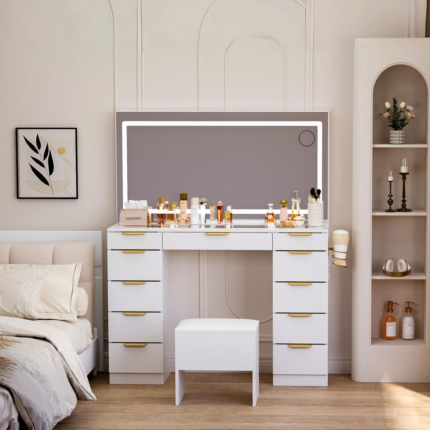 Fkhouse Glass Top Vanity Desk with Mirror and Lights, 11 Drawers Makeup Vanity with Stool, 3 Lighting Modes Dressing Table with Power Outlet, Golden Handles, White