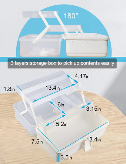 Facikono 3 Layer Multipurpose Storage Box White Tackle Box Organizer - Craft Organizer with Handle, Portable Art Supplies Case, Medicine First Aid Box, Sewing & Tool Organizer with Divided Trays