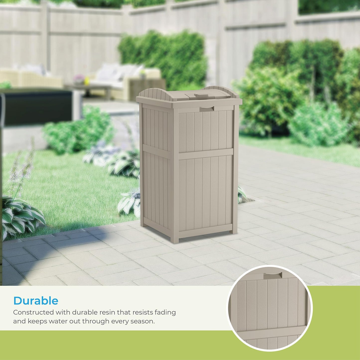Suncast Hideaway Outdoor Trash Can with Lid - 30 Gallon Trash Can, Light Taupe, Decorative Wicker-Style Garbage Bin, Weather-Resistant Resin Fits 30-33 Gallon Bags, Ideal for Patio & Yard, Made in USA