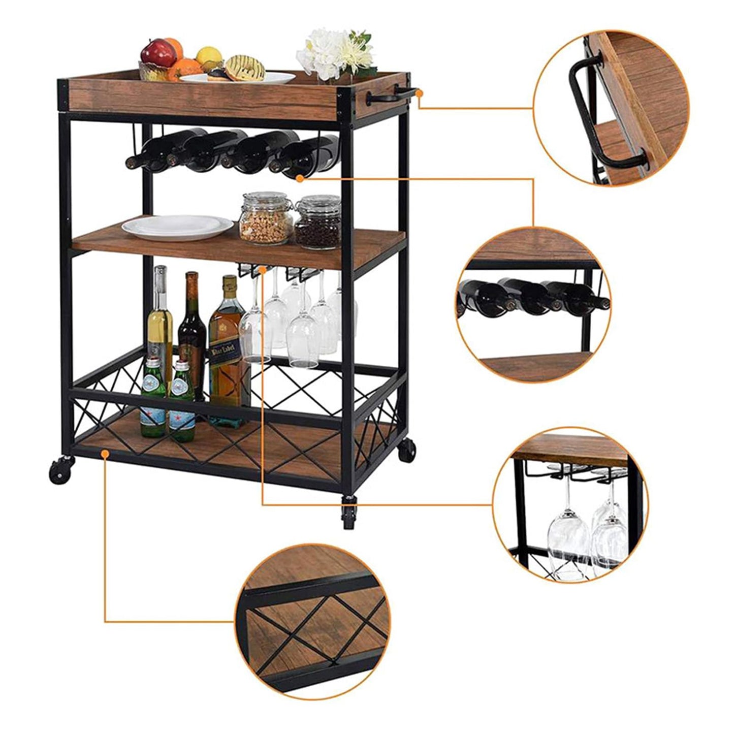 Storage Rack Serving Cart 3-Tiers Serving Trolley with Lockable Wheels & Removable Serving Tray, Rolling Bar Cart with Wine Rack & Glass Holder, for Home, Dining Room,26''Dx16''Wx35''H,Brown