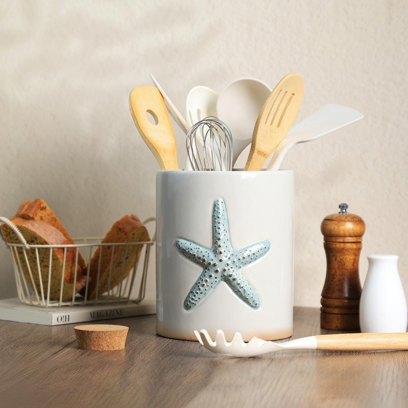Bicuzat Ceramic Starfish Embossed Utensil Holder, Large Cooking Utensil Crocks for Countertop, Ocean Style Utensil Organizer for Spatula
