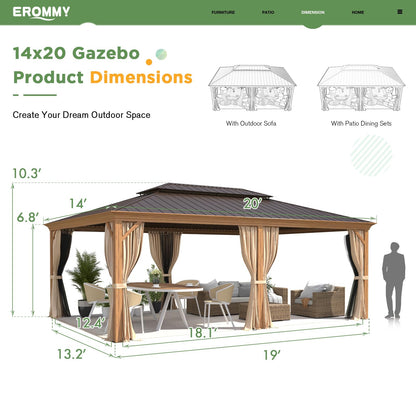 EROMMY 14'x20' Gazebo, Galvanized Steel Double Roof with Wood Grain Aluminum Frame, Outdoor Permanent Metal Pavilion with Curtains and Nettings for Patio, Backyard and Deck