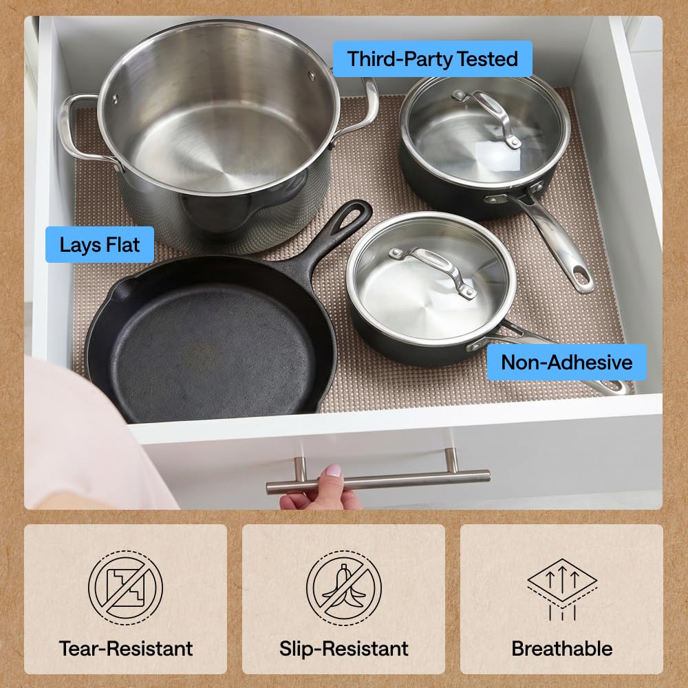 GORILLA GRIP powerGRIP Drawer Shelf and Cabinet Liner, Thick Strong Hold, Non-Adhesive Liners Protect Kitchen Cabinets and Cupboard, Bathroom Drawers, Easy Install Mat, 12" x20', Beige