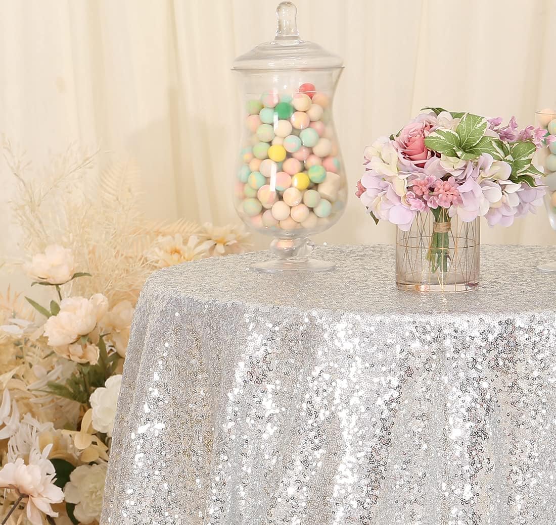 PartyDelight Silver Sequin Tablecloth Overlay 50 X 50 Inch for Wedding, Party, Birthday, Bridal, Baby Shower Decorations