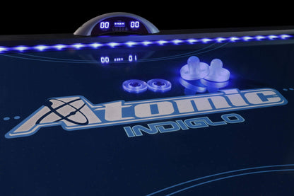 Atomic 90” Indiglo LED Light Up Air Hockey Table – Fully Illuminated Arcade Style Table with LED Scoring, Light Up Pucks & Pushers, in‑Rail Lighting and Music