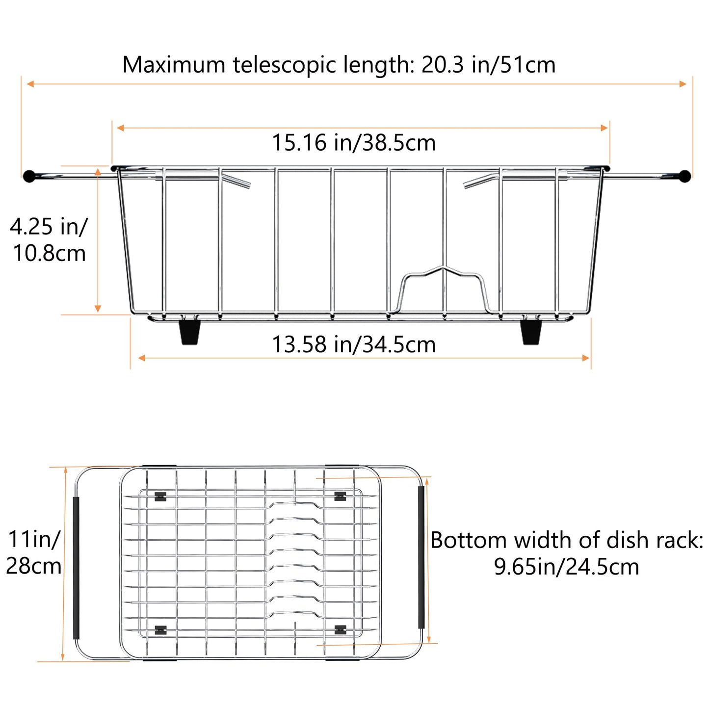 NiuYichee Stainless Steel Dish Drying Rack(15.2"L X 11"W X 5.3"H), Expandable Fruit & Vegetable Drain Rack over Sink, Dish Drainer Rack in Sink, with Stainless Steel Utensil Holder & Silicone Mat(16")