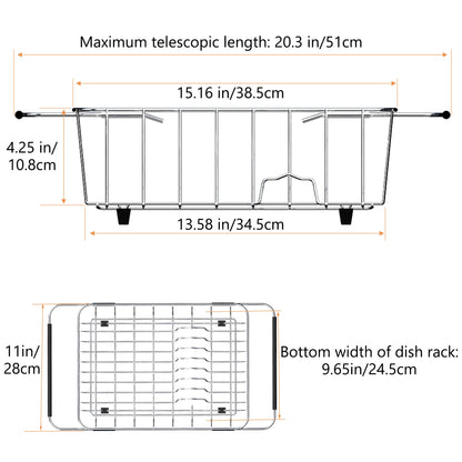 NiuYichee Stainless Steel Dish Drying Rack(15.2"L X 11"W X 5.3"H), Expandable Fruit & Vegetable Drain Rack over Sink, Dish Drainer Rack in Sink, with Stainless Steel Utensil Holder & Silicone Mat(16")