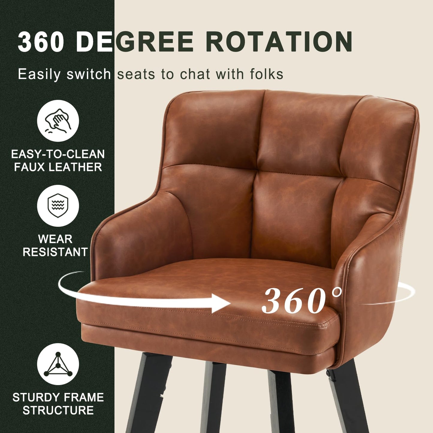 SAECKBERG 360°Swivel Counter Height Bar Stools with Back, 26 inch Solid Wood Legs, Bar Stool Modern Kitchen Island Chairs, Faux Leather (Brown- Faux Leather, 26" H- Set of 2)