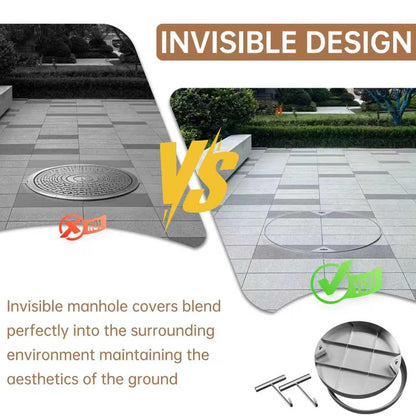 24 inch Stainless Steel Invisible Manhole Cover, Round Embedded Septic Tank Cover with Frame and Lifting Hooks, for Yard/Pavement