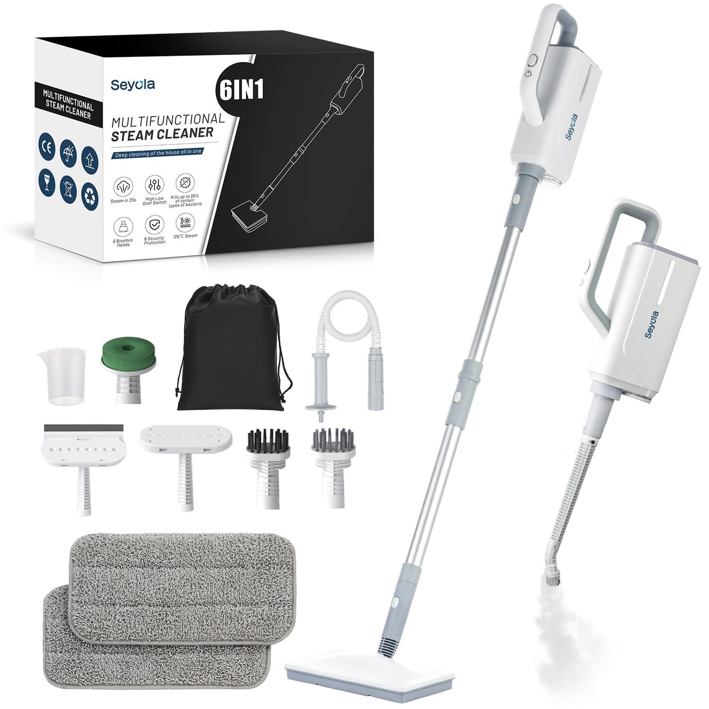 Seyola Steam Mop for Floor Cleaning, Steam Cleaner for Home with Handheld 6-in-1 Multi-function Attachments for Hardwood Floors, Clothes, Windows, Tiles Grout, Furniture Cleaning (off-white)