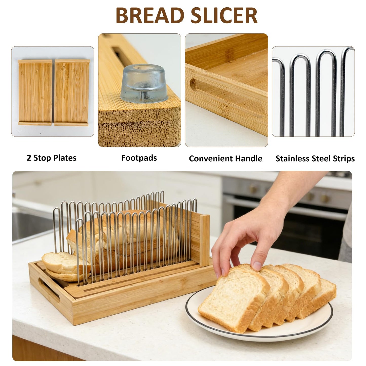 Bamboo Bread Slicer for Homemade Bread by Forest Manor - Adjustable Width Stainless Steel Slicing Guides & Crumb Tray -Sourdough Bread, Cakes, Loaves, Bagel Slicer - Kitchen Baking Tools & Gifts