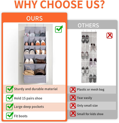 1 Pack Closet 15 FENTEC Over-the-Door-Shoe-Organizers,Hanging Organizers with Large Pocket Shoe Holder Hanging Shoe