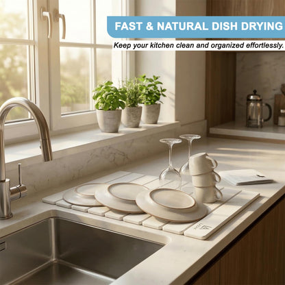 Foldable Diatomite Stone Drying Mat for Kitchen Counter, Fast Drying Dish Drying Mat, Stone Dish Drying Mat, Dish Mat Drying Kitchen Mat, Kitchen Drying Mat with 3 Silicone Dishwashing Brushes