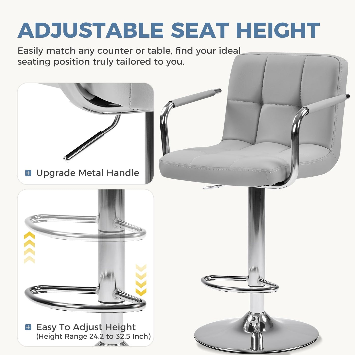 OLIXIS Swivel Bar Stools Set of 4, PU Leather Upholstered Bar Chairs with Back & Armrests, Adjustable Counter Height Stools with Metal Legs for Kitchen Island, Home Bar, Pub, Light Grey