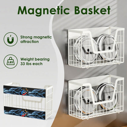 YIWANFW 2 Set Magnetic Fridge Shelf, White Magnetic Fruit Basket for Refrigerator Organizer Storage, Potato and Onion Storage Bins, Wire Baskets Magnet Rack for Laundry Washing Machine Kitchen Shelves