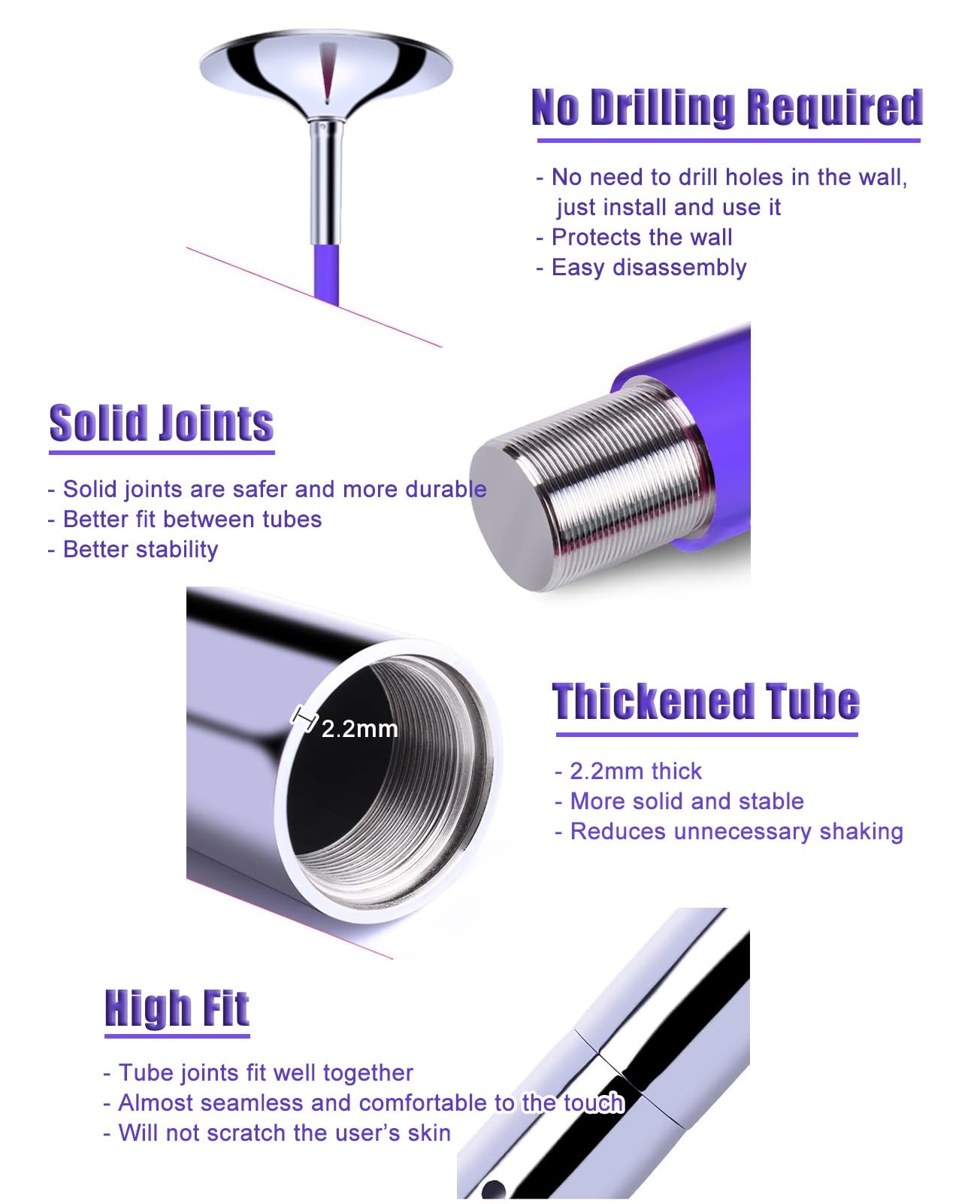 Portable Spinning Dance Pole - Purple Silicone, Adjustable 7.5-9.8 ft Stripper Pole for Home, Professional & Beginner Use, Perfect for Parties & Clubs, Complete Kit
