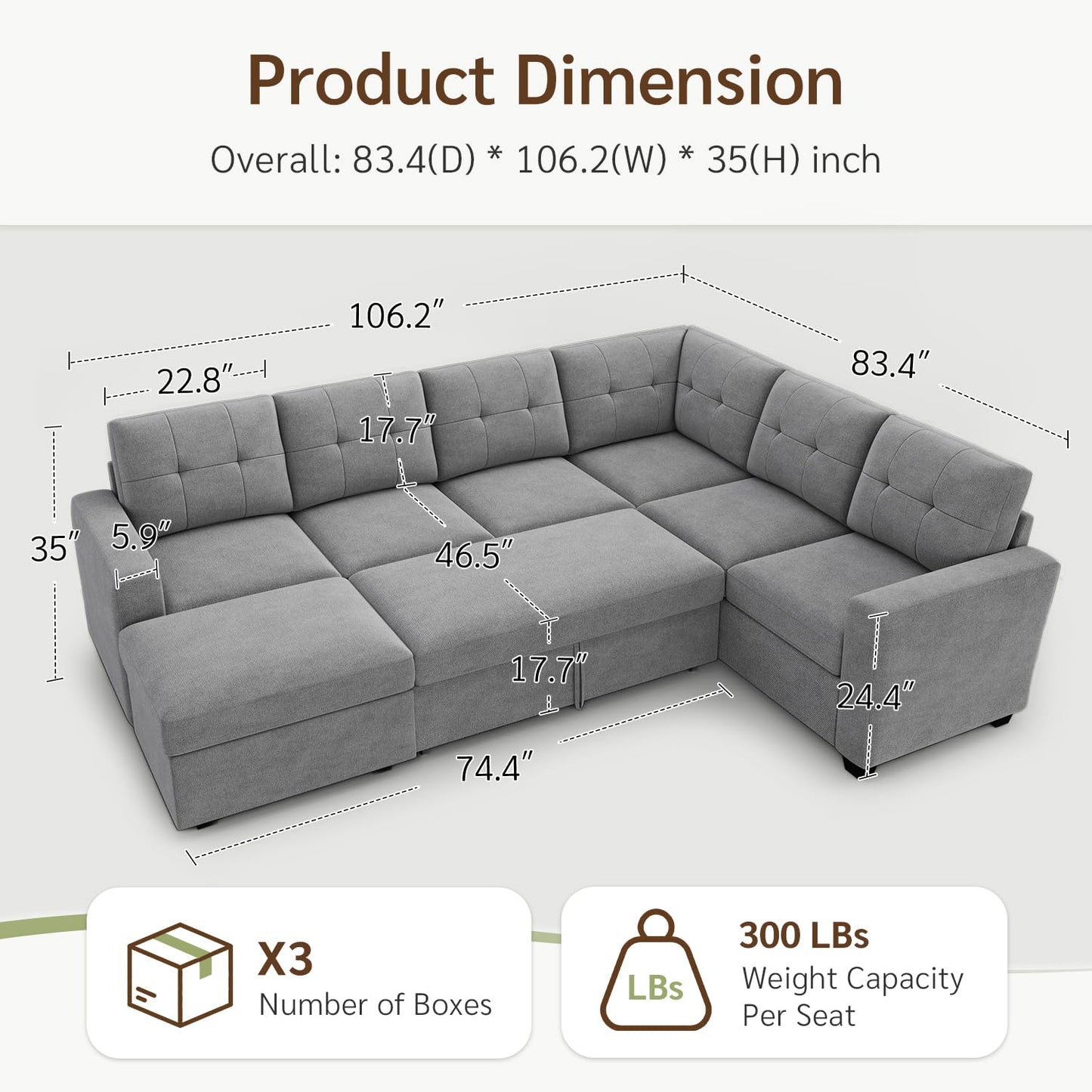 HONBAY Sectional Sleeper Sofa with Pull Out Bed, Convertible 7 Seaters U Shaped Sectional Couch for Living Room, Grey