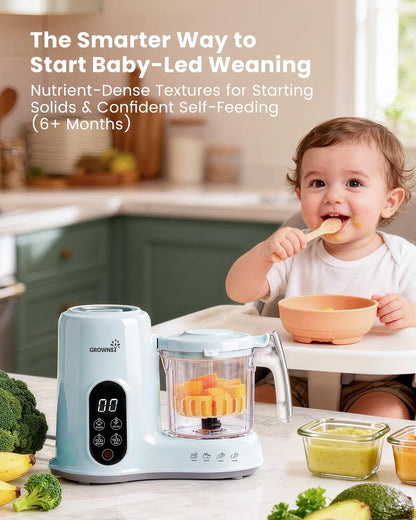 Grownsy Baby Food Maker with Steam Basket, One Step Baby Food Processor Steamer Puree Blender Grinder Mills Machine, Auto Cooking Grinding and Sterili-zing for Healthy Homemade Baby Food, Blue