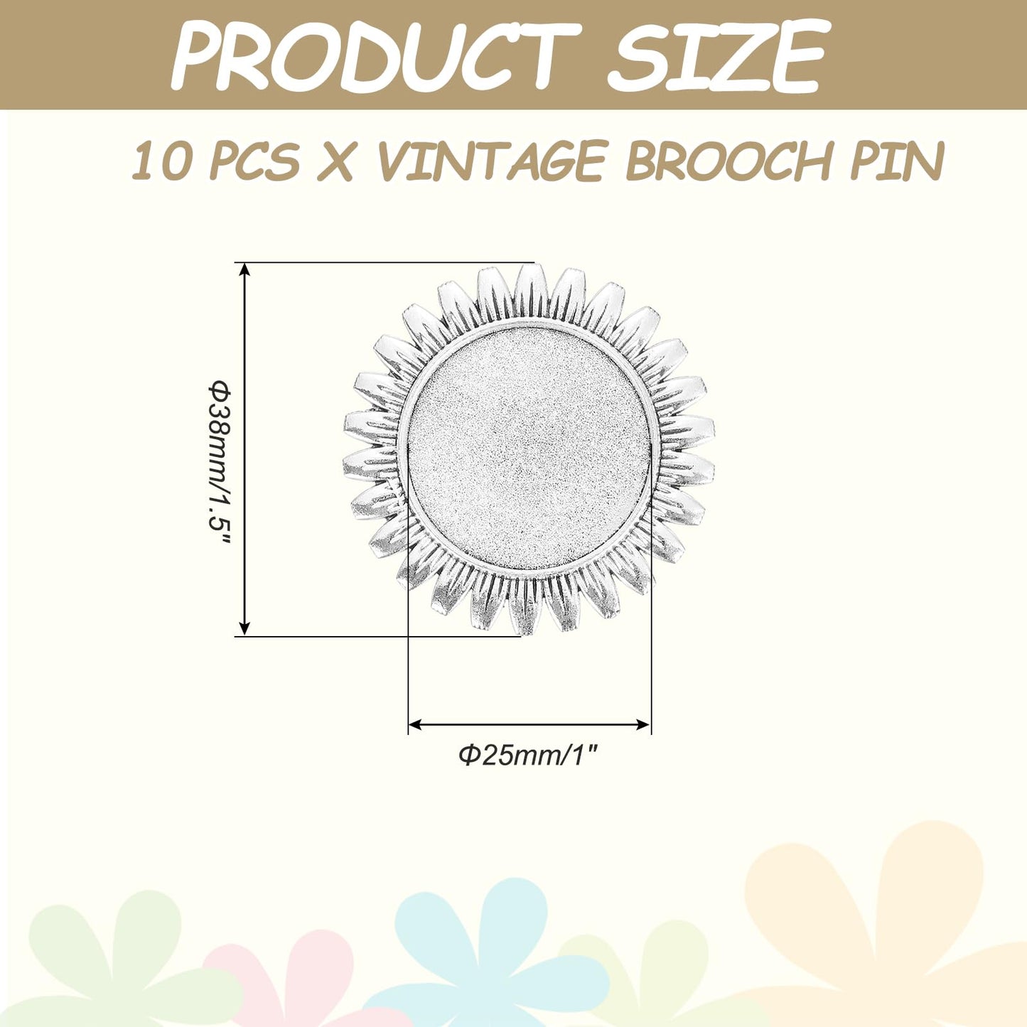 MECCANIXITY 10 Pcs Cabochon Brooch, 25mm Alloy Findings Trays Round Pins, Vintage Setting Brooch Pins for DIY Jewelry Making Pendants Photo Craft, Sunflower Style, Silver