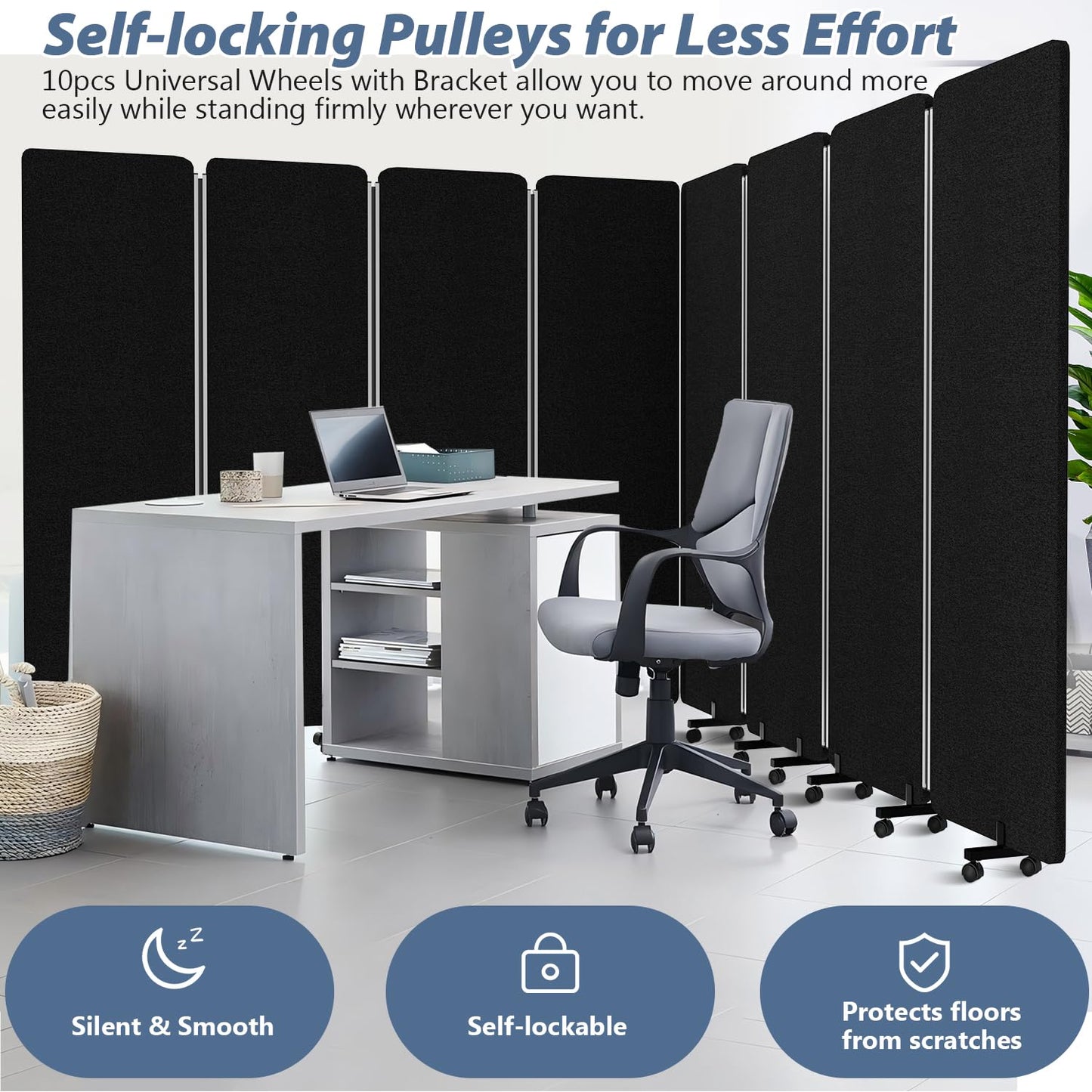 Room Divider Soundproof Privacy Panel with Wheel, 4 Panel-2Pack Wall Divider (Aluminum Frame) for Room Partition, Folding Room Dividers for Space Separation Office Cubicle Divider Separator, Black