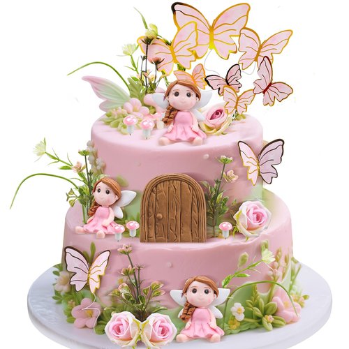Kigley 38 Pcs Fairy Cake Toppers Garden Topper Fairy Cake Decoration Pink Mushroom Butterfly Flowers Dessert Decoration for Birthday Baby Shower Party Favors