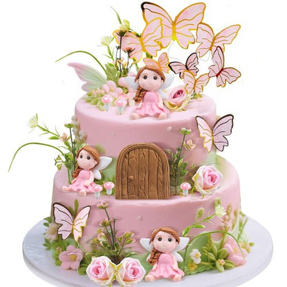 Kigley 38 Pcs Fairy Cake Toppers Garden Topper Fairy Cake Decoration Pink Mushroom Butterfly Flowers Dessert Decoration for Birthday Baby Shower Party Favors