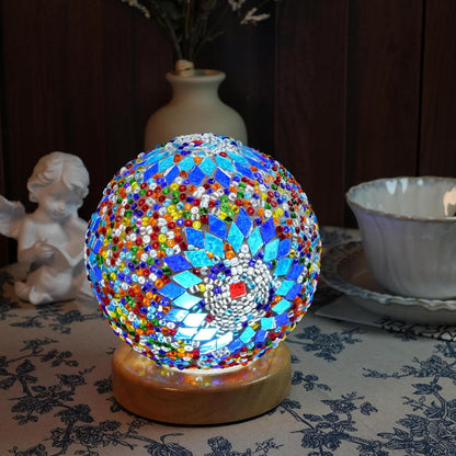 HAIDOLIANG Turkish Table lamp (D:4.7" x H:5.2"),Mosaic Glass Lamps with Wooden Base, Bohemian Tiffany Bedside Lamps, USB Power Moroccan Lantern for Living Room Decorations (Boho - Blue, Boho)