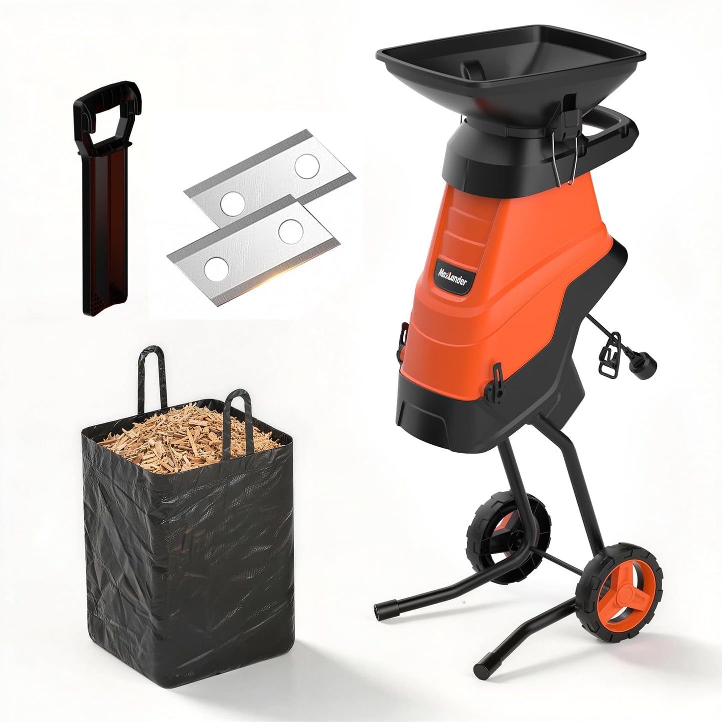MAXLANDER 15-Amp Electric Wood Chipper Shredder, 1.75-Inch Cutting Capacity, Yard Waste Mulcher for Composting Branches & Twigs, Corded Chipper with Collection Bag