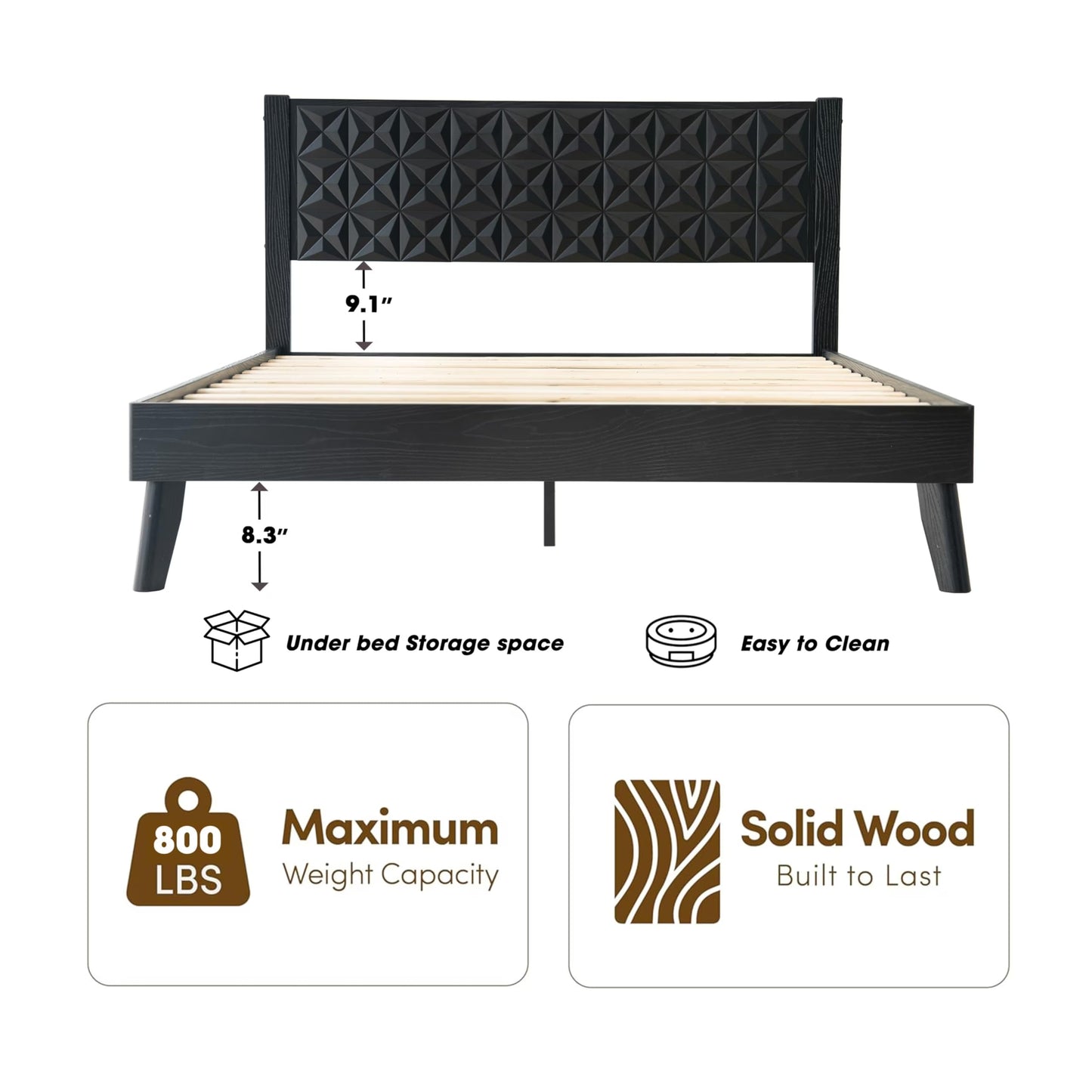 Queen Size Platform Bed Frame with Headboard & Footboard, Center Metal Legs, 12 Solid Wood Slatted Base, Easy Assembly, No Box Spring Needed, Noise-Free & Anti-Slip, Ebony Oak Finish UPQ-35