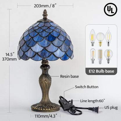GILGGAK Small Tiffany Stained Glass Table Lamp Wisteria Style Lampshade Nightstand Light for Bedroom Dorm Living Hallway Coffee Table Office Housewarming Gift 8X8X15 (Blue Purple Fish Scales)