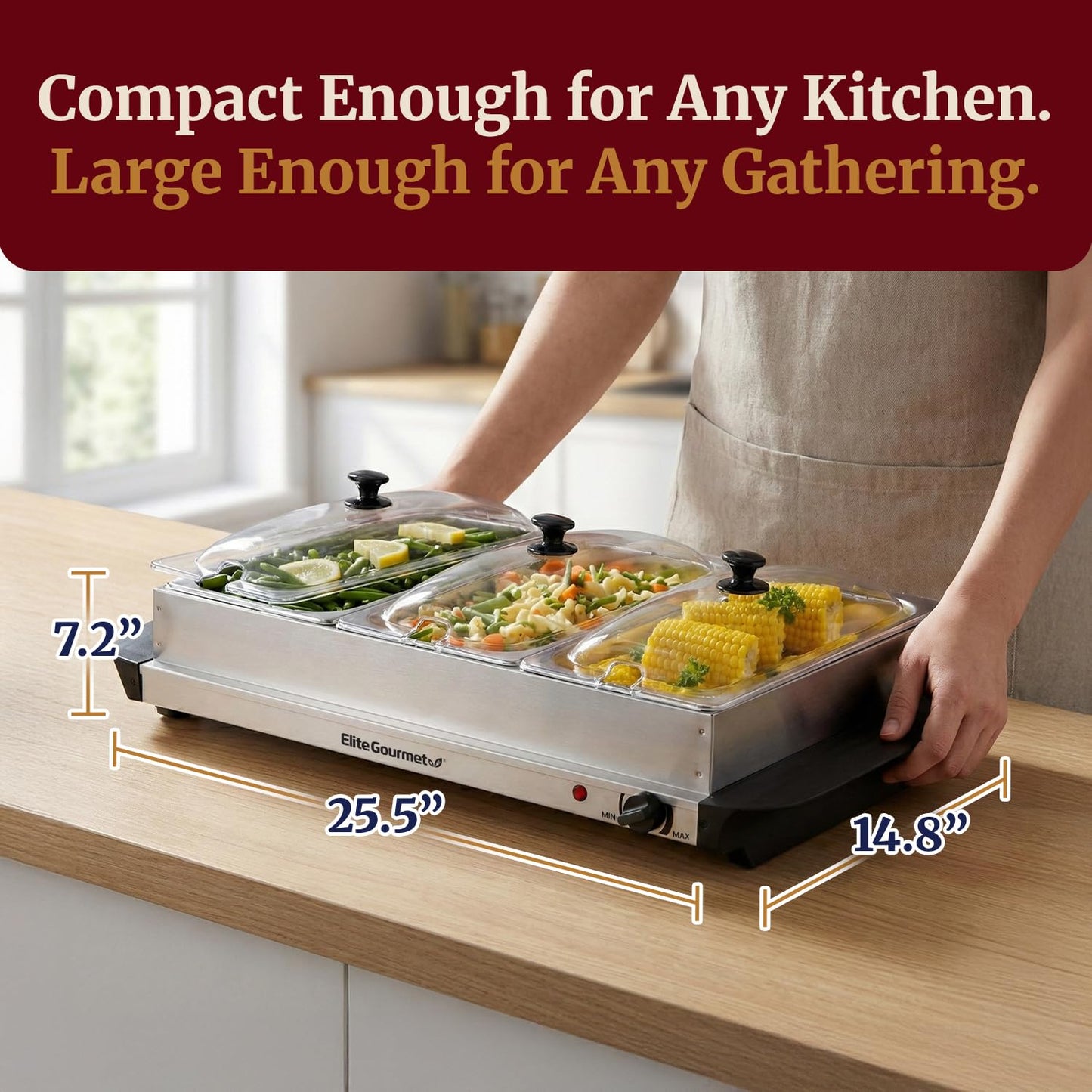 Elite Gourmet EWM-6171 Triple 3 x 2.5 Qt. Trays, Buffet Server, Food Warmer Temperature Control, Clear Slotted Lids, Perfect for Parties, Entertaining & Holidays, 7.5 Qt Total, Stainless Steel