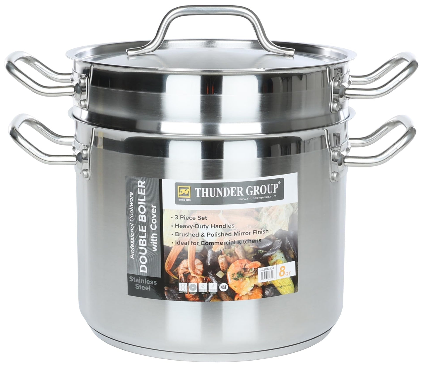 Thunder Group SLDB4008 3-Piece 8 Qt Double Boiler Set with Encapsulated Base for Restaurant Cafeteria | Induction Gas Electric Cooktop Safe | 10"D x 7-5/8"H, 8-7/8"D x 7-1/4, Stainless Steel | NSF
