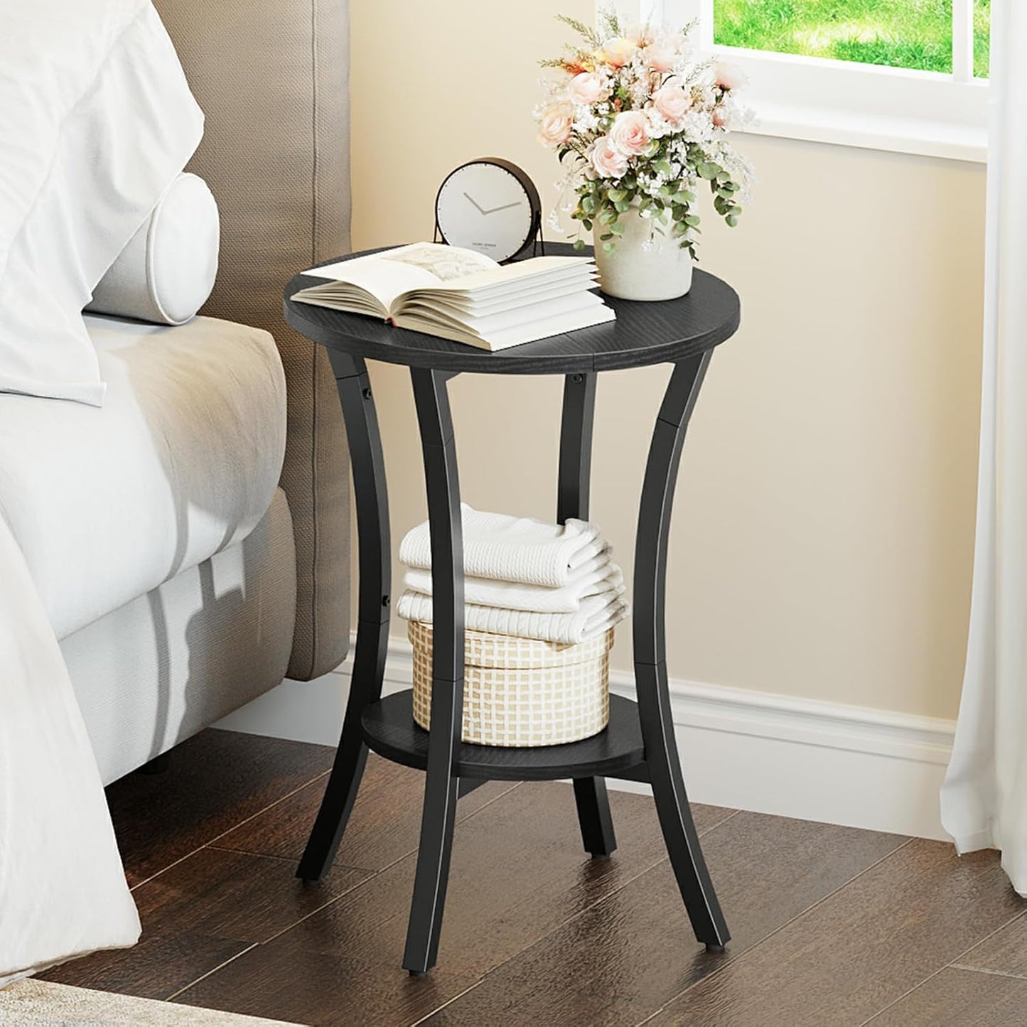 2-Tier BB180BZ01 HOOBRO Round Side Table, Sofa End Table, Small Storage Nightstand, for Small Spaces, Living Room