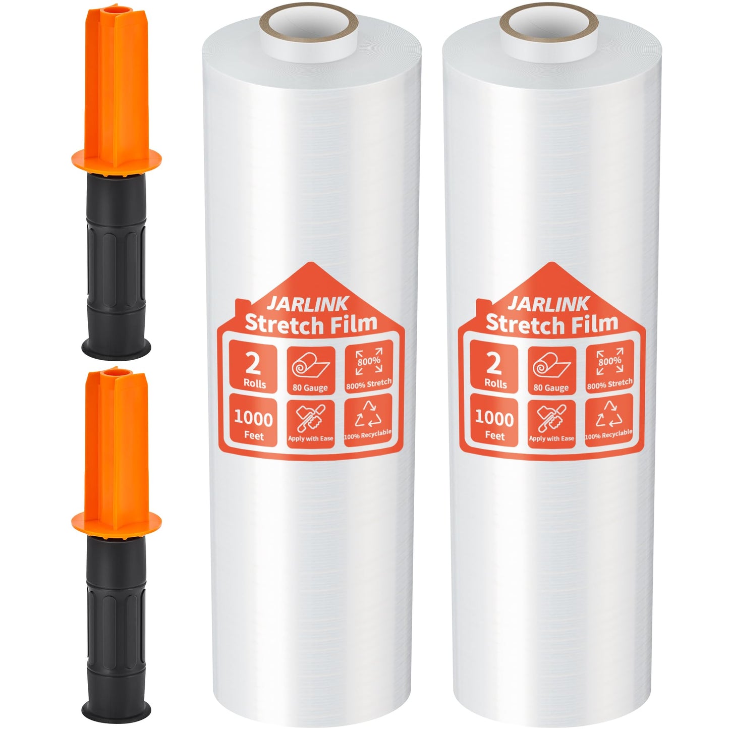 JARLINK Stretch Film, 80 Gauge,15 Inch x 1000 Feet Shrink Wrap for Pallet Wrap, Industrial Strength Stretch Wrap up to 800% Stretch with Handles, Moving Wrapping Plastic Roll, 2 Pack